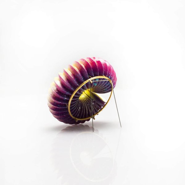 Pink and yellow large size brooch with silver back and 24kt gold leaf