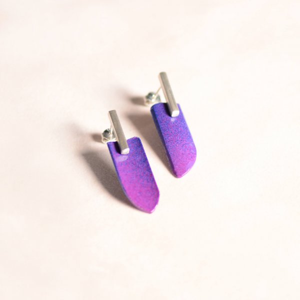 Silver stud earrings with violet and blue plastic wings, handmade