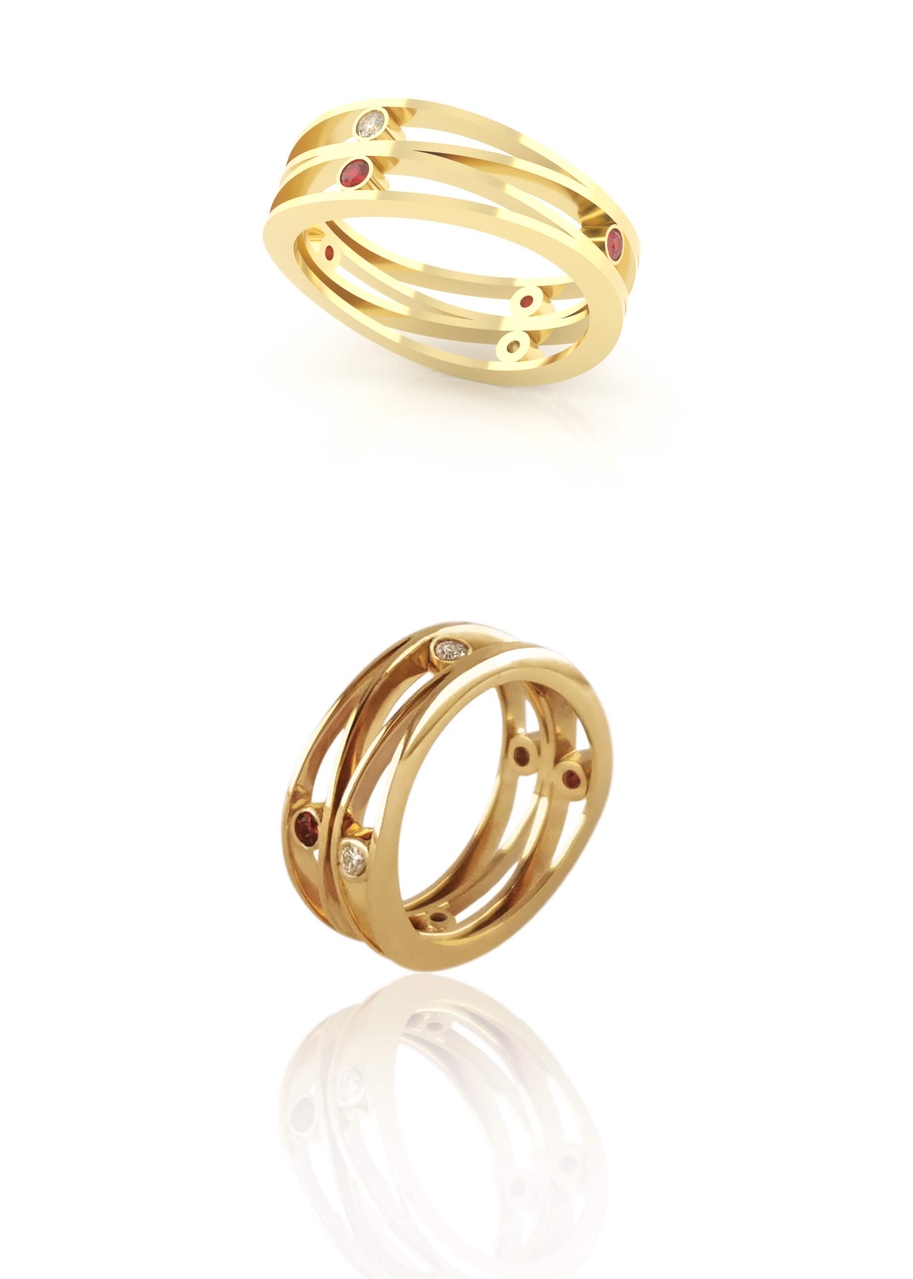 Two gold rings, one rendered  and the other one made